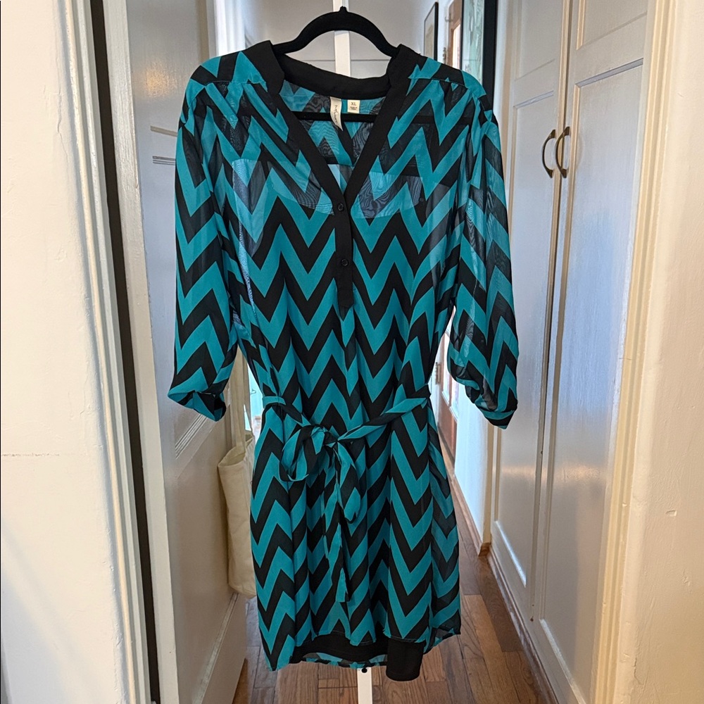 Tacera Teal and Black Chevron V-Neck Tunic Dress with Slip XL